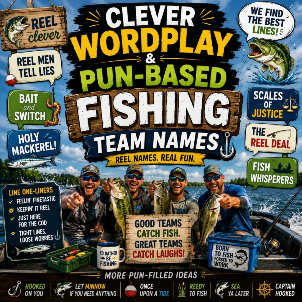 Clever wordplay and pun-based fishing team names image with anglers, bass fish, fishing boat, and witty fishing signs.