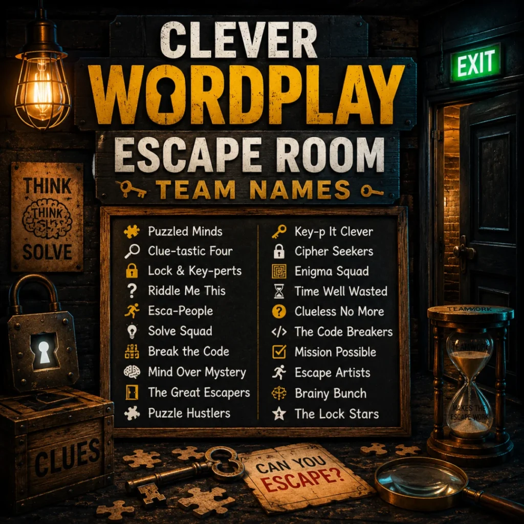 Clever Wordplay Escape Room Team Names with puzzle clues, locks, keys, and creative team name ideas for escape games