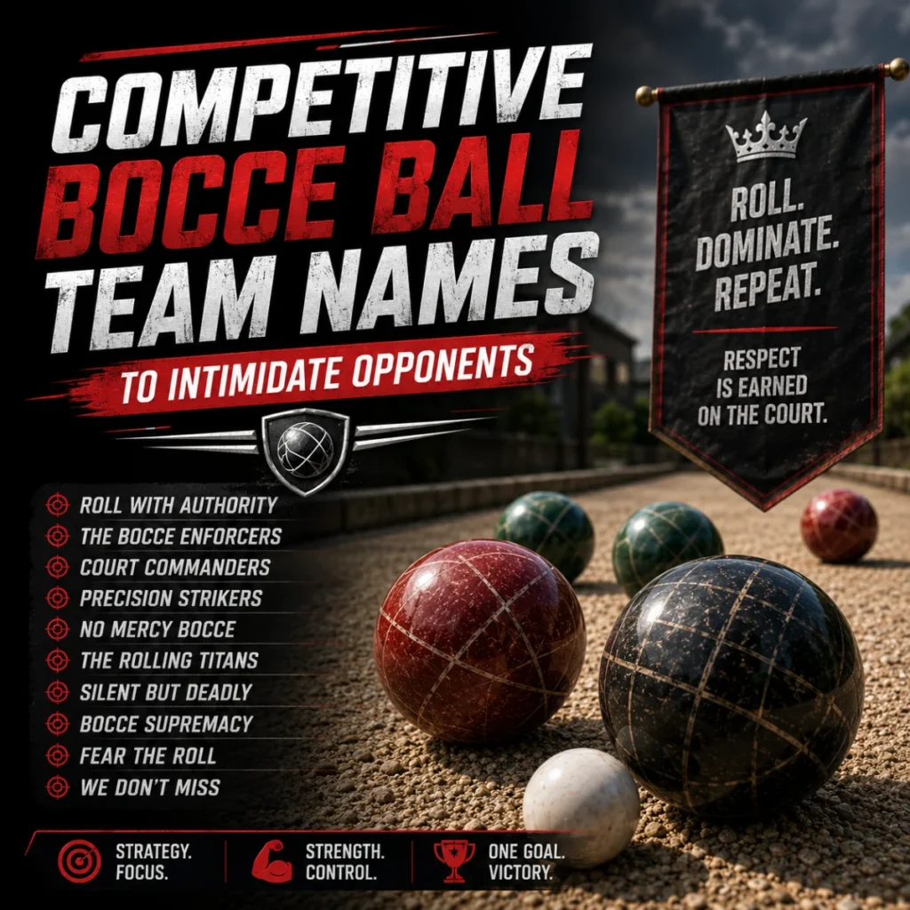 Competitive bocce ball team names with bocce balls on an outdoor court for leagues and tournament teams