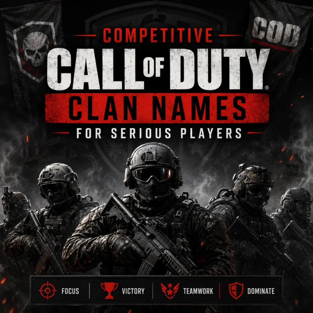 Competitive Call of Duty clan names for serious players with tactical soldiers and a bold military gaming theme