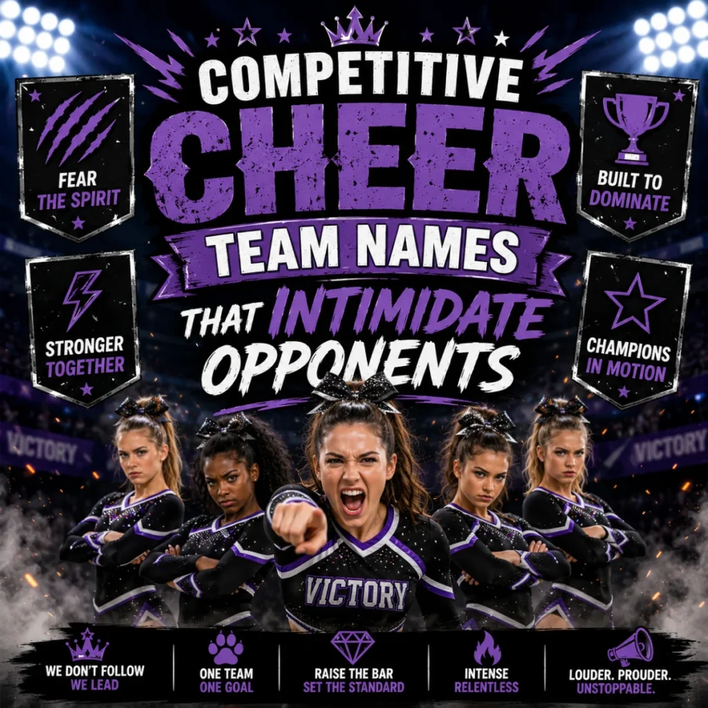 Competitive cheer team names image with fierce cheerleaders, stadium lights, pom-poms, and championship-inspired graphics.
