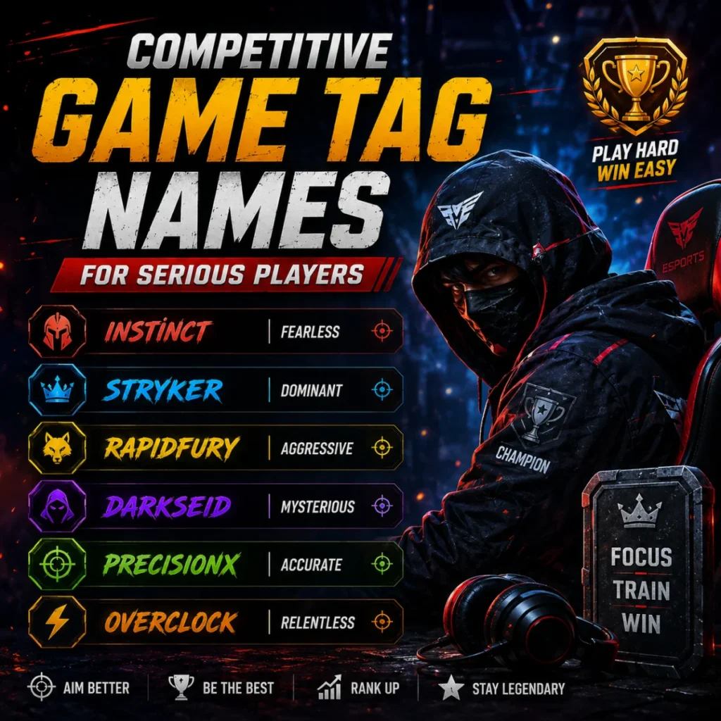 Competitive game tag names for serious players with powerful gamer aliases and an esports-inspired gaming design