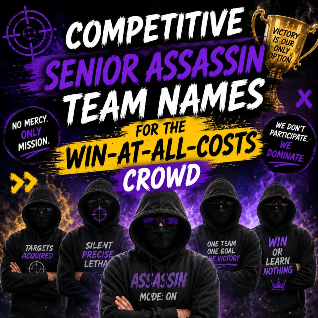 Competitive Senior Assassin team names graphic with determined masked squad and bold winning-themed design