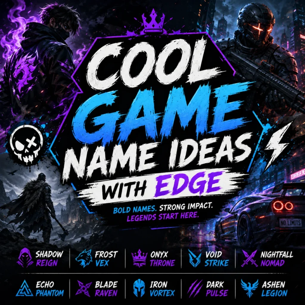 Cool game name ideas with edge featuring cyberpunk, fantasy, and action-inspired gaming themes for unique gamer tags