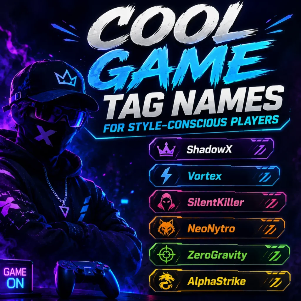 Cool game tag names for style-conscious players featuring futuristic gamer tags and a neon gaming aesthetic