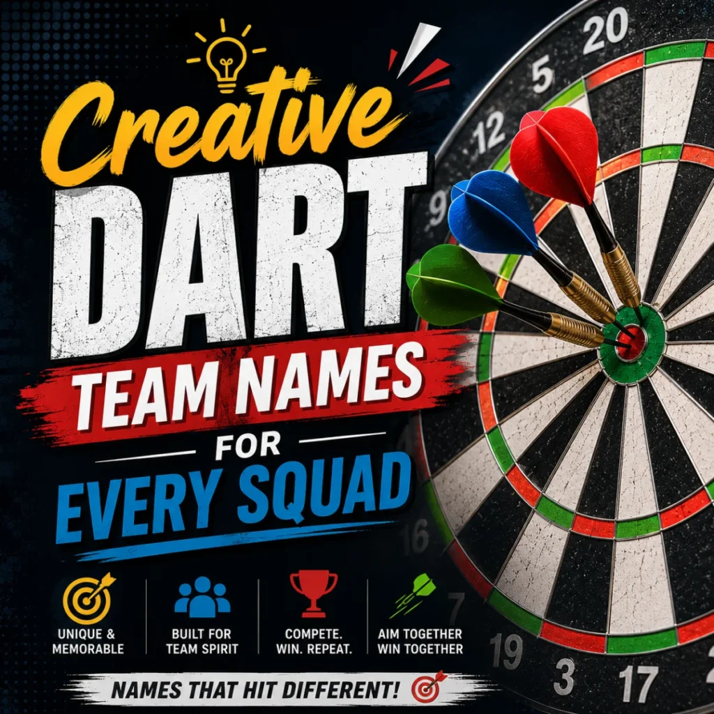 Creative Dart Team Names for Every Squad with colorful darts hitting the bullseye on a classic dartboard