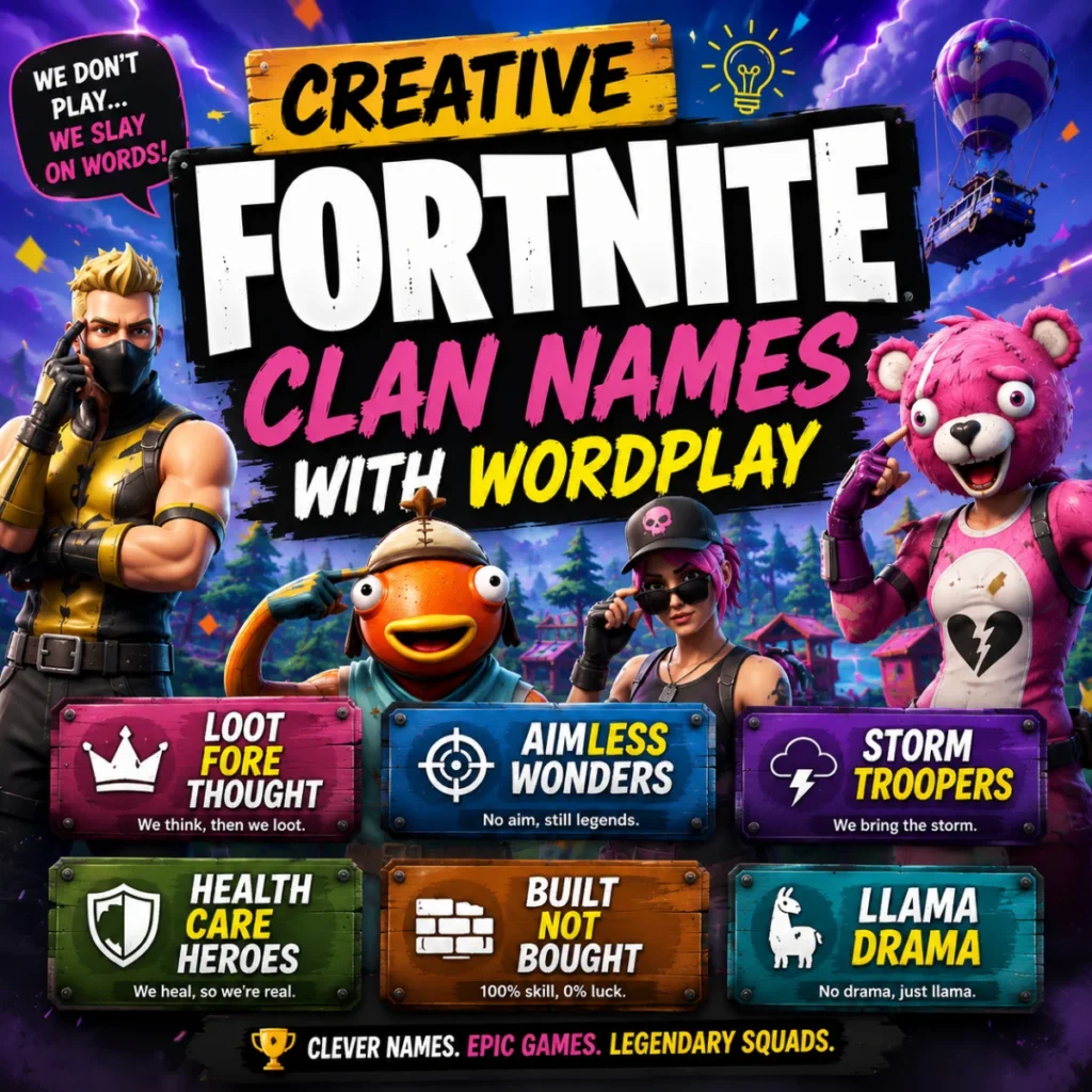Creative Fortnite clan names with clever wordplay and Fortnite-inspired characters for unique gaming squads