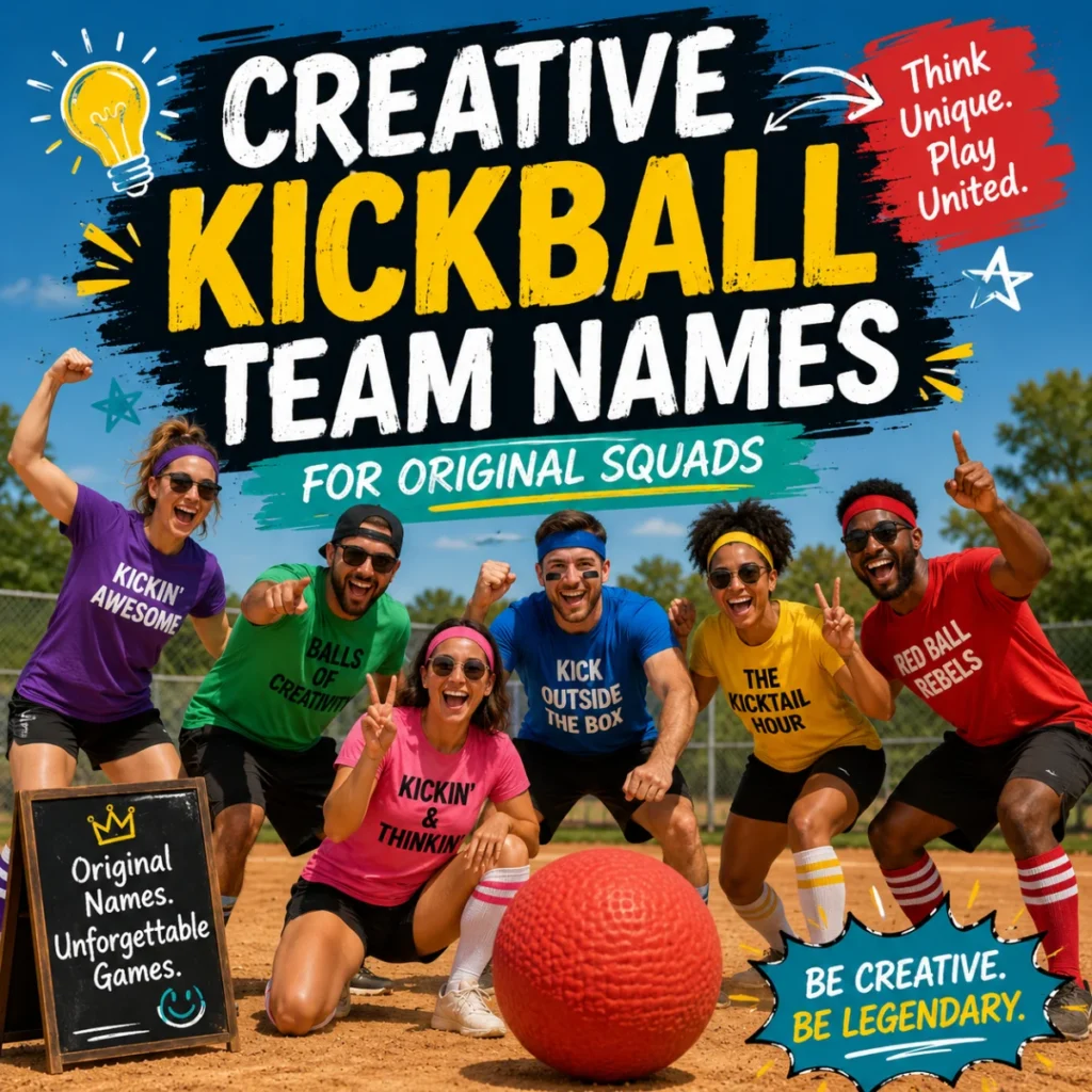 Creative kickball team names with a cheering squad and red kickball on a sunny field for original team inspiration