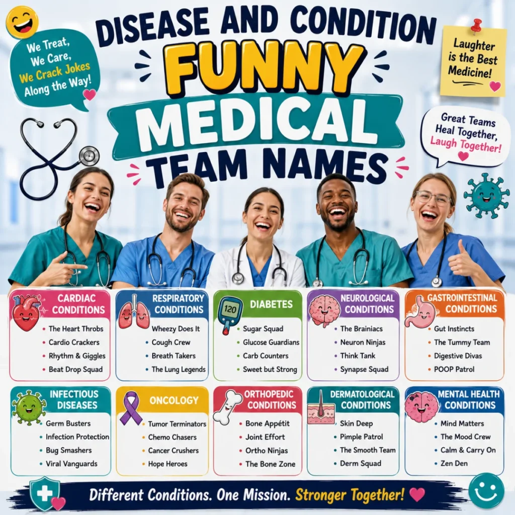 Disease and condition funny medical team names with smiling healthcare professionals and colorful medical icons