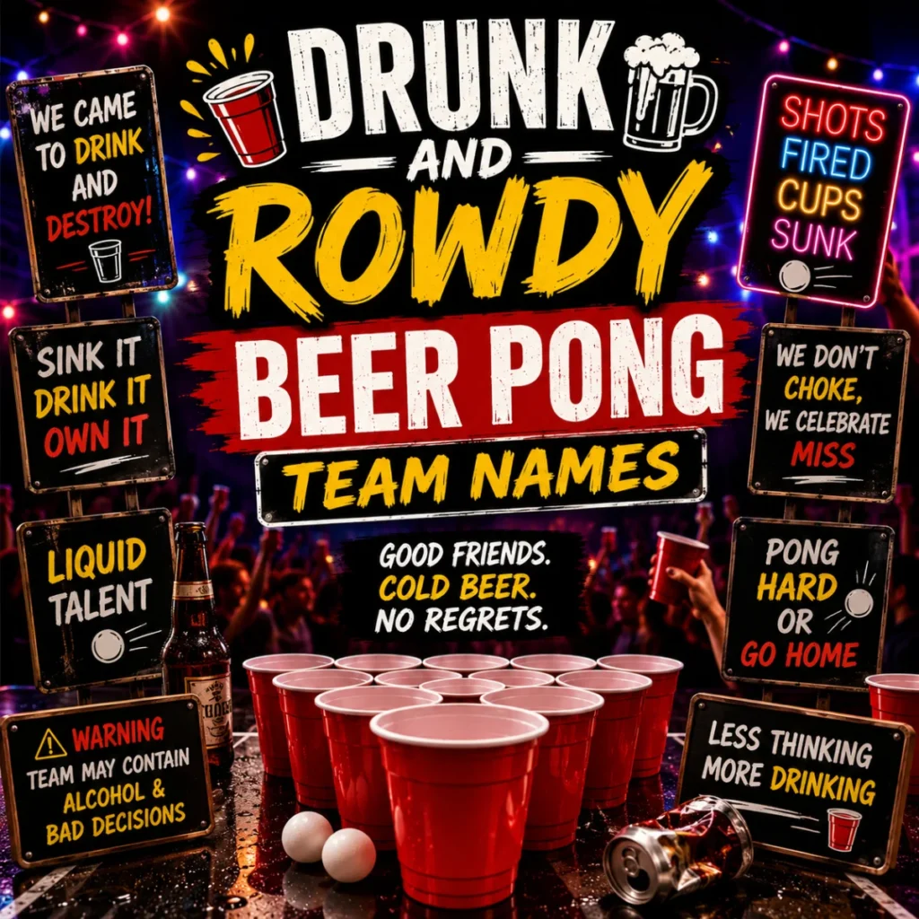 Drunk and rowdy beer pong team names image with red cups, party lights, beer bottles, and lively tournament vibes.