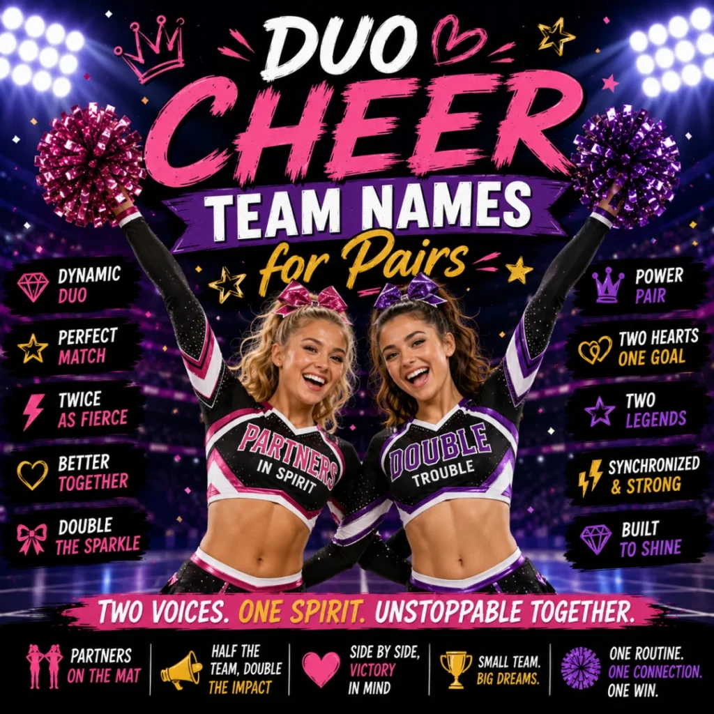 Duo cheer team names for pairs image with two cheerleaders, pom-poms, stadium lights, and vibrant team spirit.