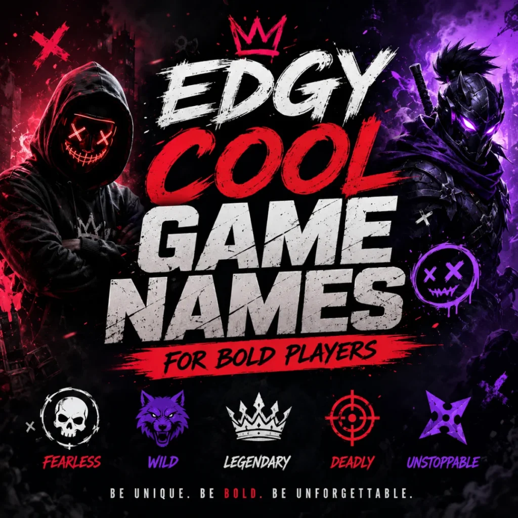 Edgy cool game names for bold players with neon gaming characters and dark cyberpunk-inspired artwork