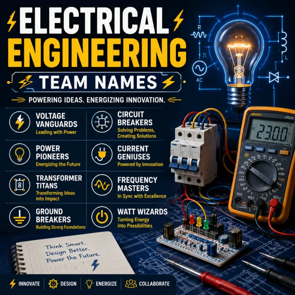 Electrical engineering team names with circuits, power tools, and creative ideas for engineering teams and workplace groups.