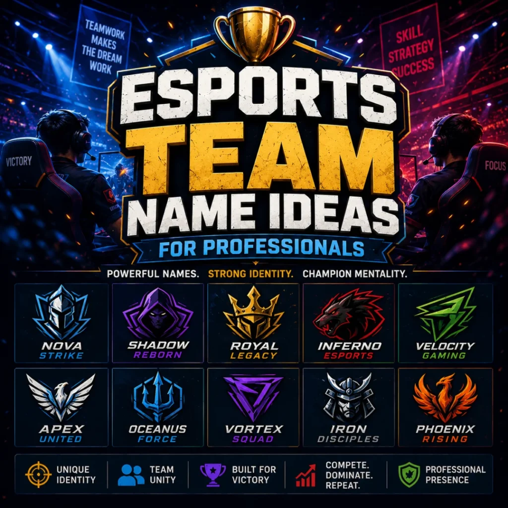 Esports team name ideas for professionals featuring competitive gaming, tournament arena, and bold team branding inspiration