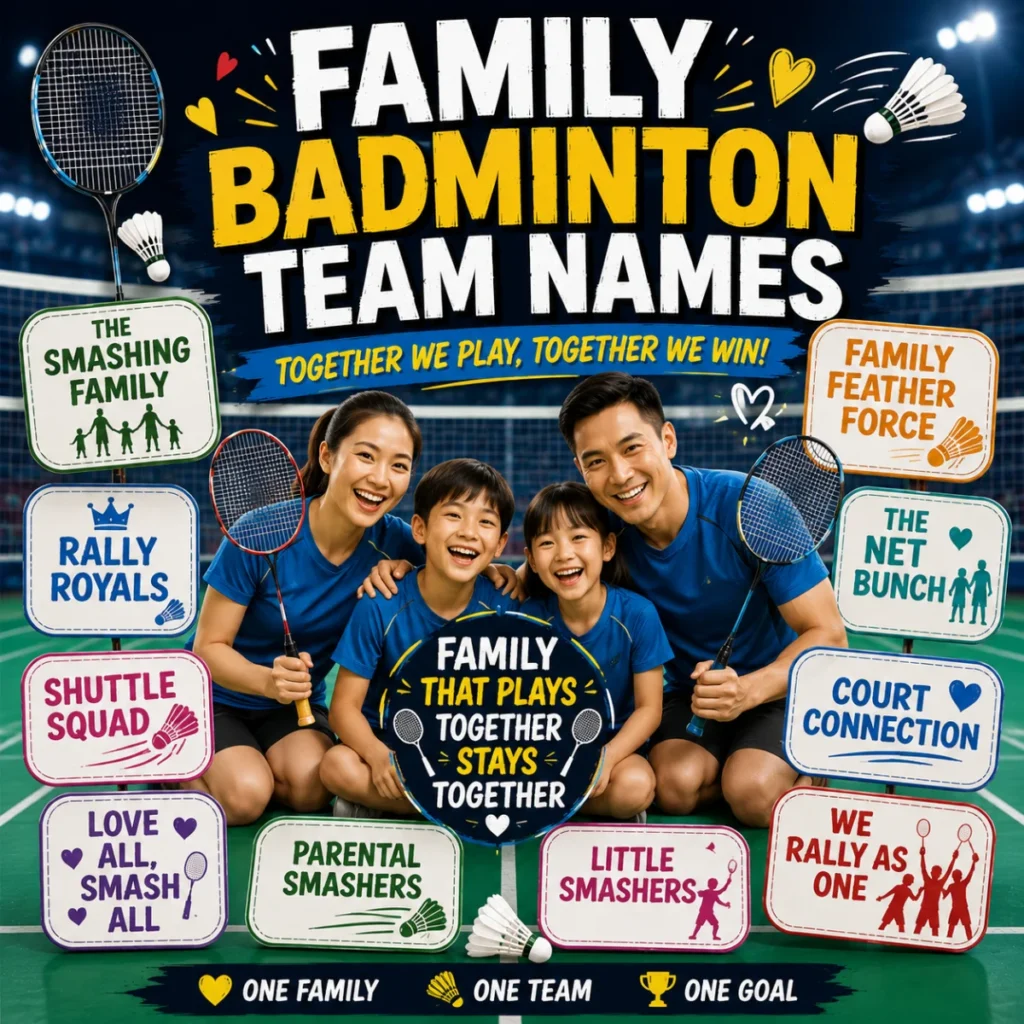 Family badminton team names image with smiling family, badminton rackets, shuttlecock, and colorful team name signs.