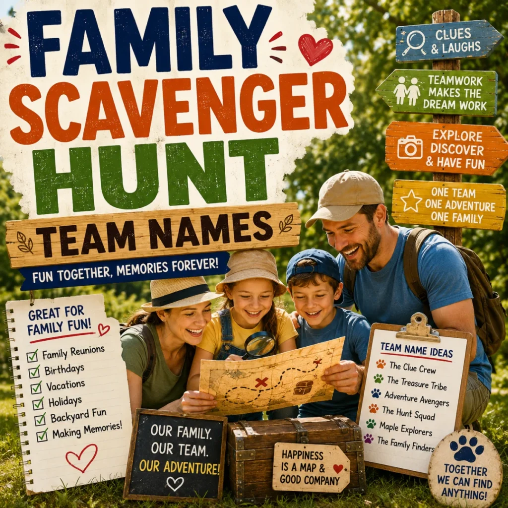 Happy family solving clues with a treasure map for family scavenger hunt team names in a sunny park