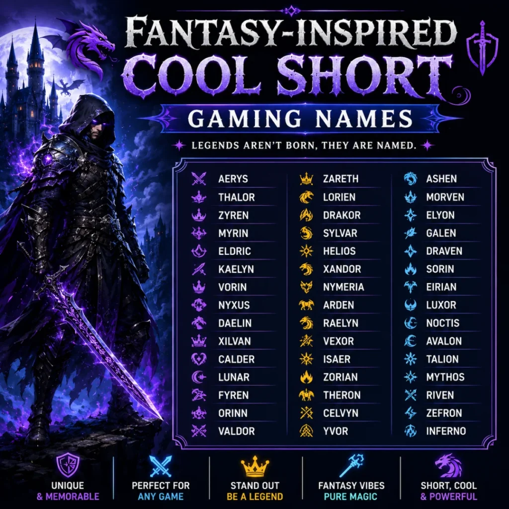 Fantasy-inspired cool short gaming names with a dark warrior and magical username ideas for gamers