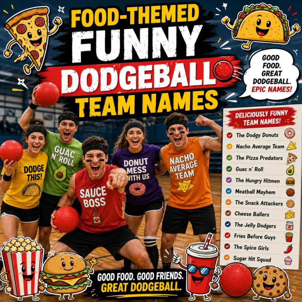 Food-themed funny dodgeball team names with playful players, red dodgeballs, cartoon food icons, and a colorful gym.