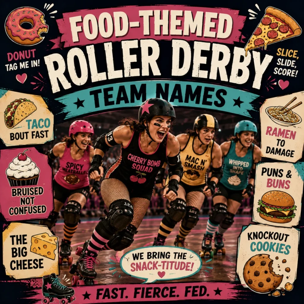 Food-themed roller derby team names with colorful skaters, donuts, pizza, tacos, and playful food-inspired graphics