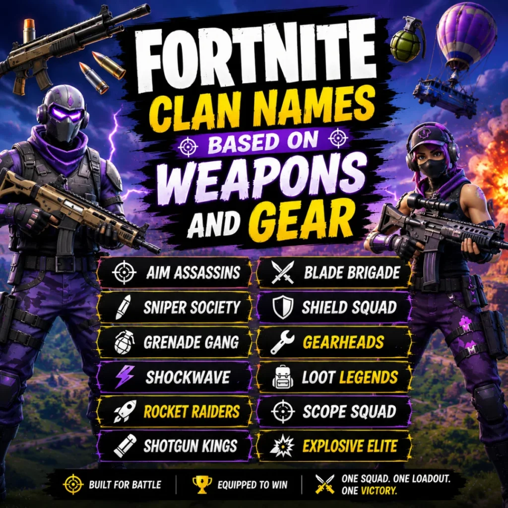 Fortnite clan names based on weapons and gear with Fortnite-inspired characters and tactical squad name ideas