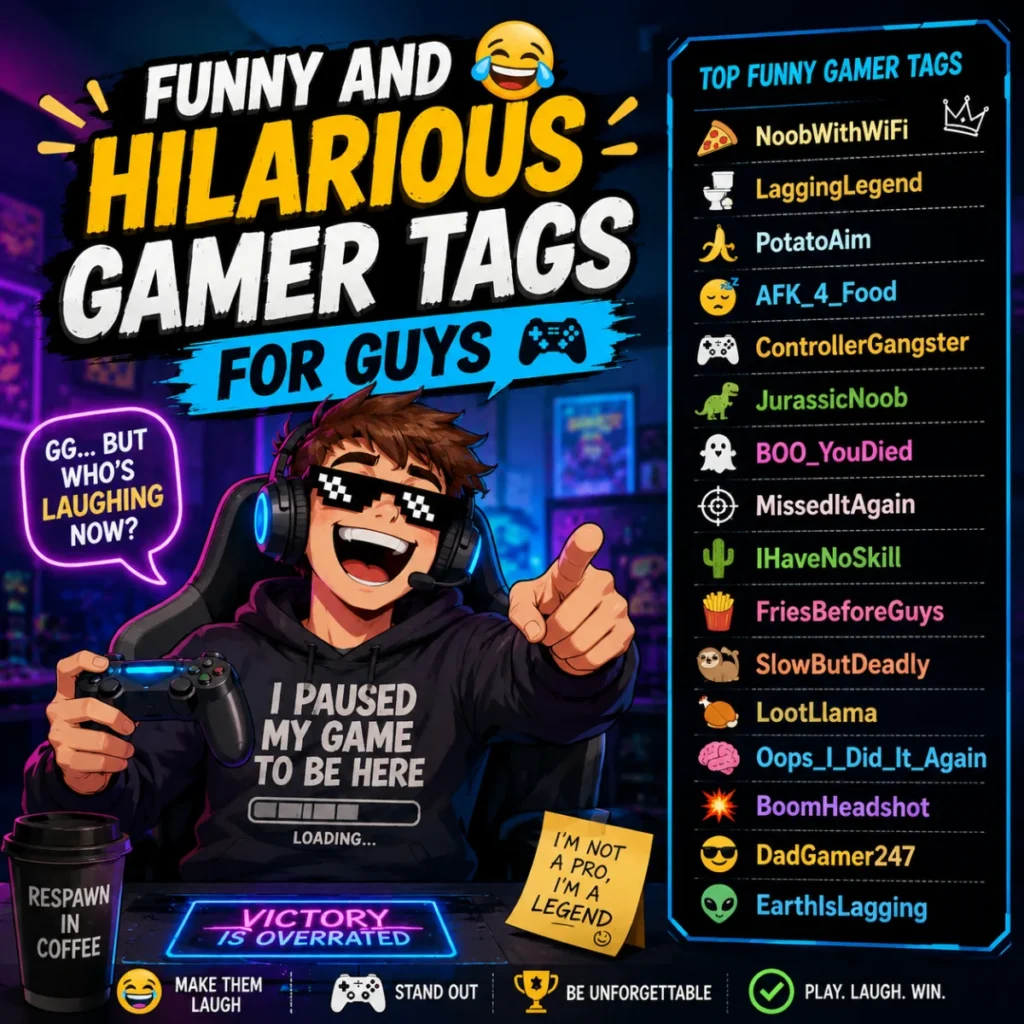 Funny and hilarious gamer tags for guys with a laughing gamer, playful gaming setup, and creative username ideas
