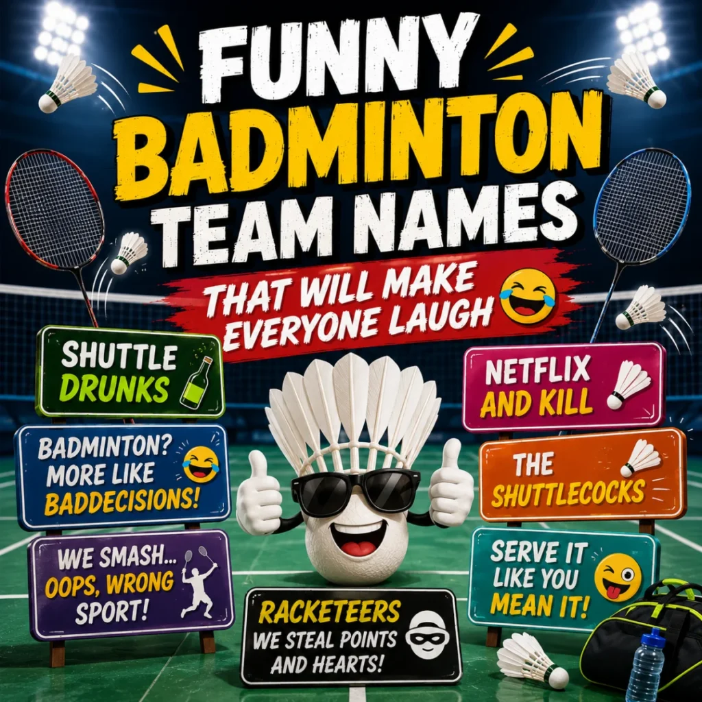 Funny badminton team names image with rackets, shuttlecocks, smiling mascot, and playful sports-themed graphics.
