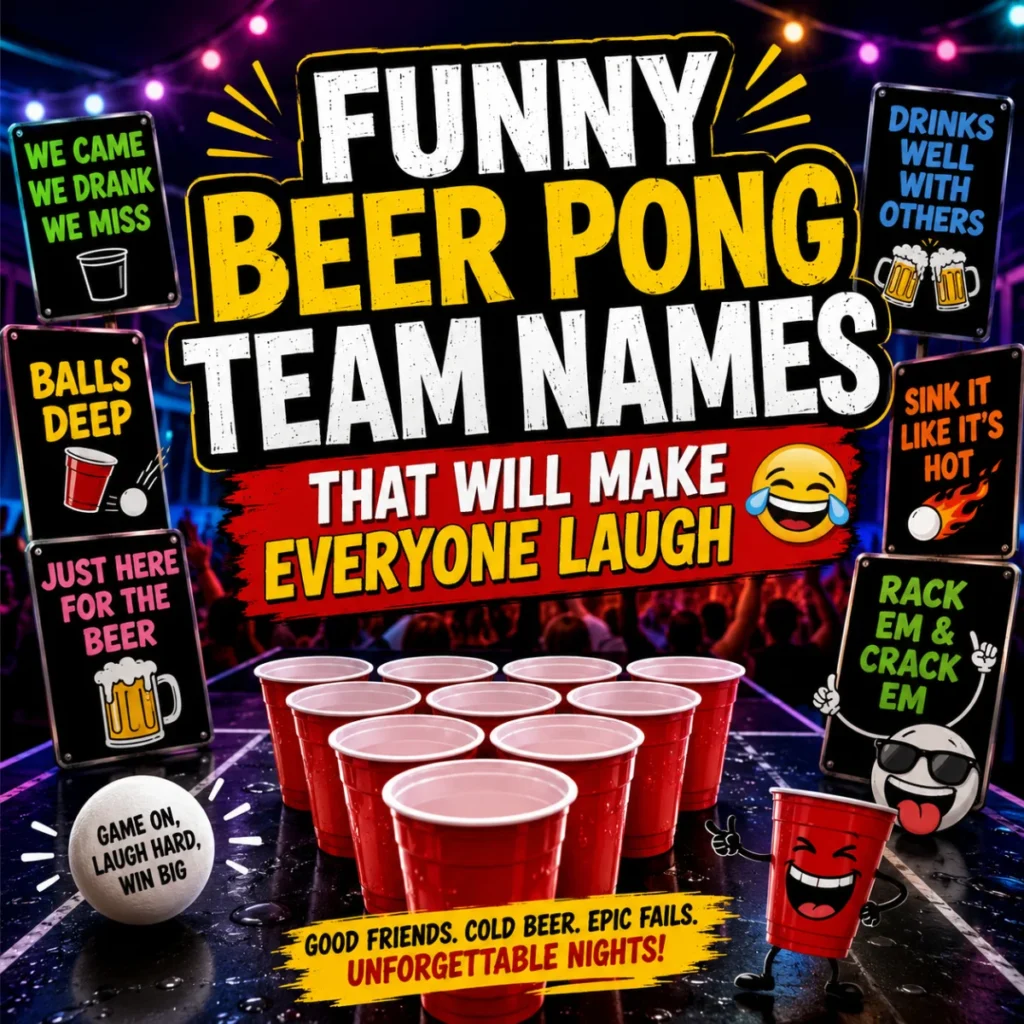 Funny beer pong team names image with red cups, party lights, and humorous signs for unforgettable game nights.