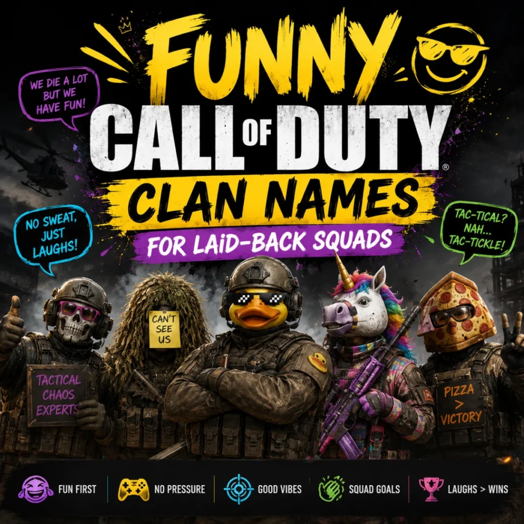 Funny Call of Duty clan names for laid-back squads with humorous soldiers and colorful gaming-themed artwork