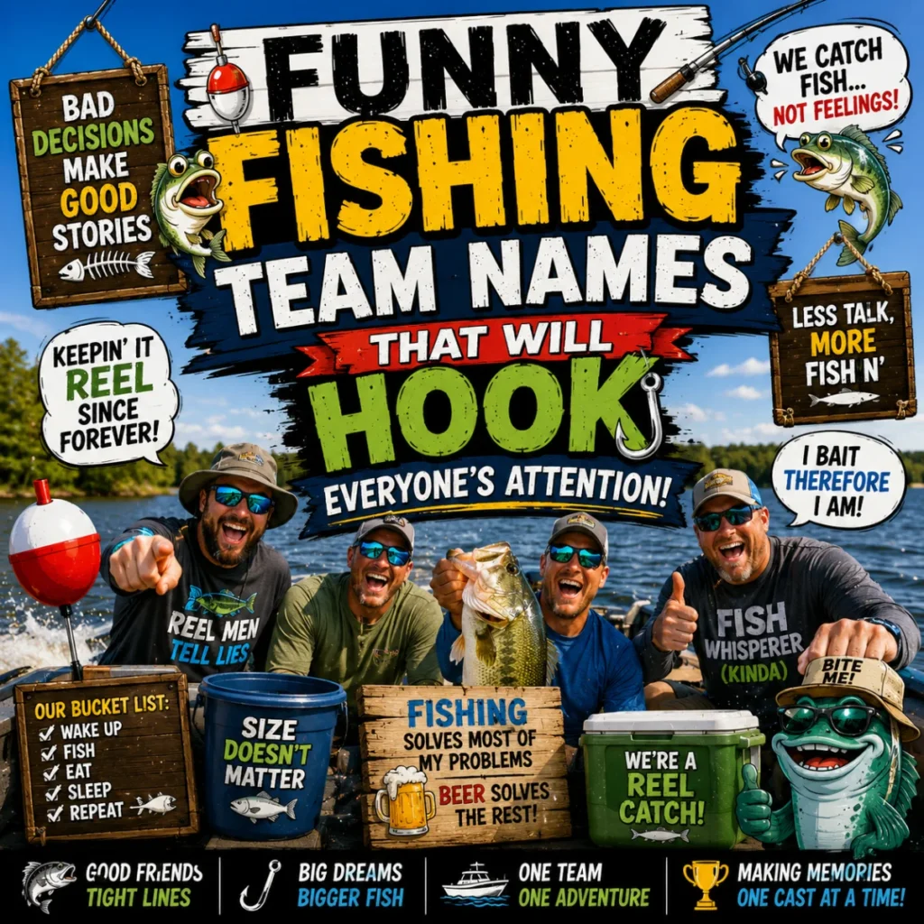 Funny fishing team names image with anglers, bass fish, fishing boat, cartoon fish, and humorous fishing signs.