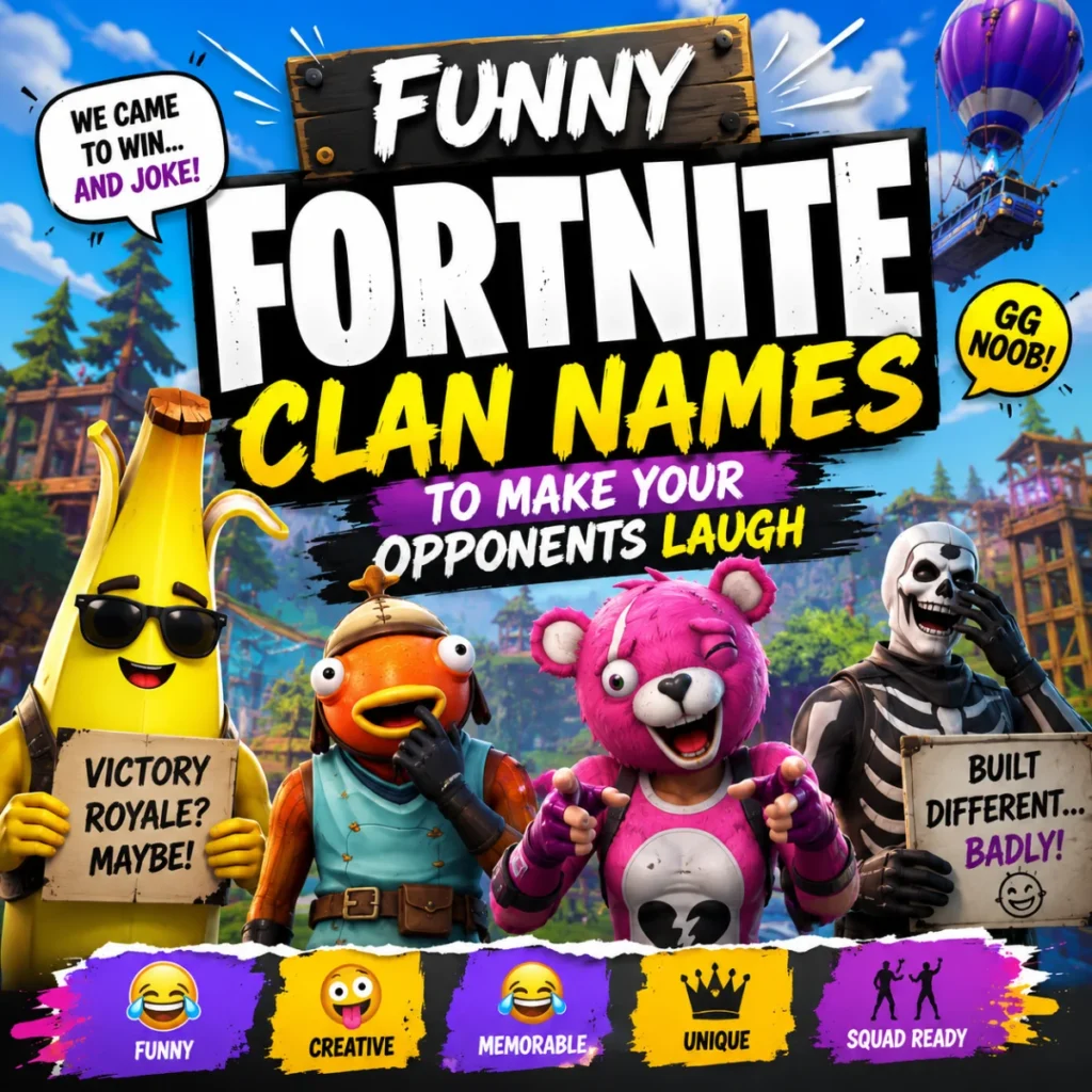 Funny Fortnite clan names with hilarious Fortnite-inspired characters to make your opponents laugh in every match