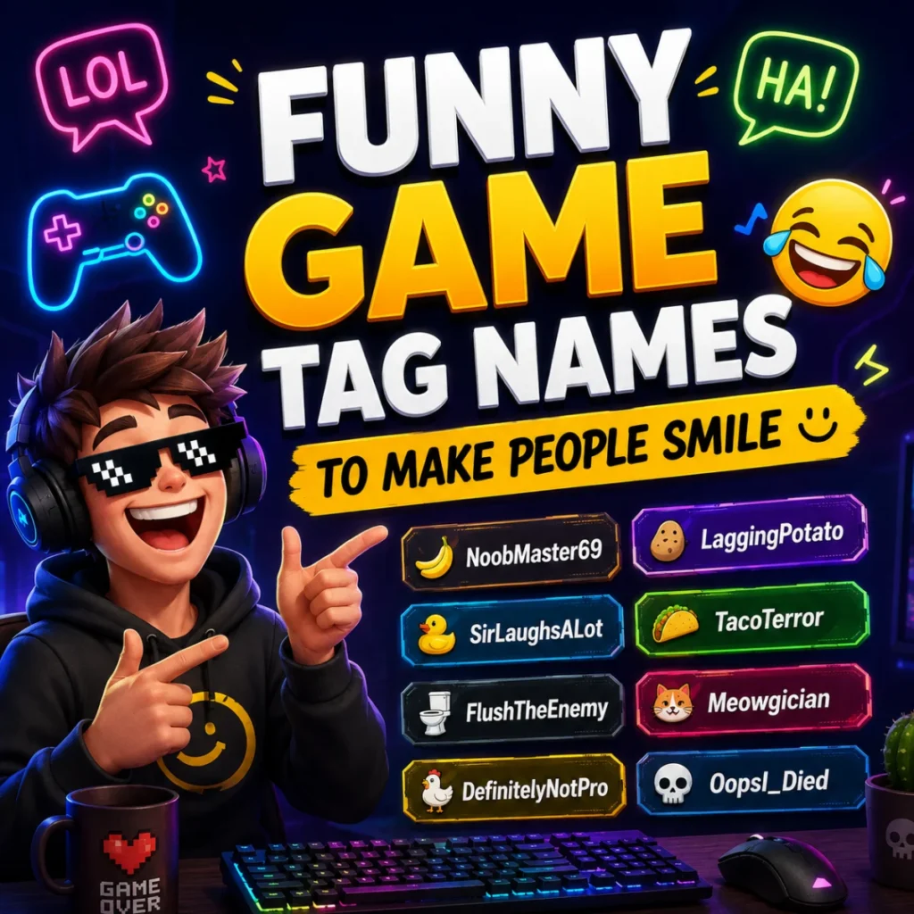 Funny game tag names with hilarious gamer usernames and colorful gaming setup to inspire players in 2026