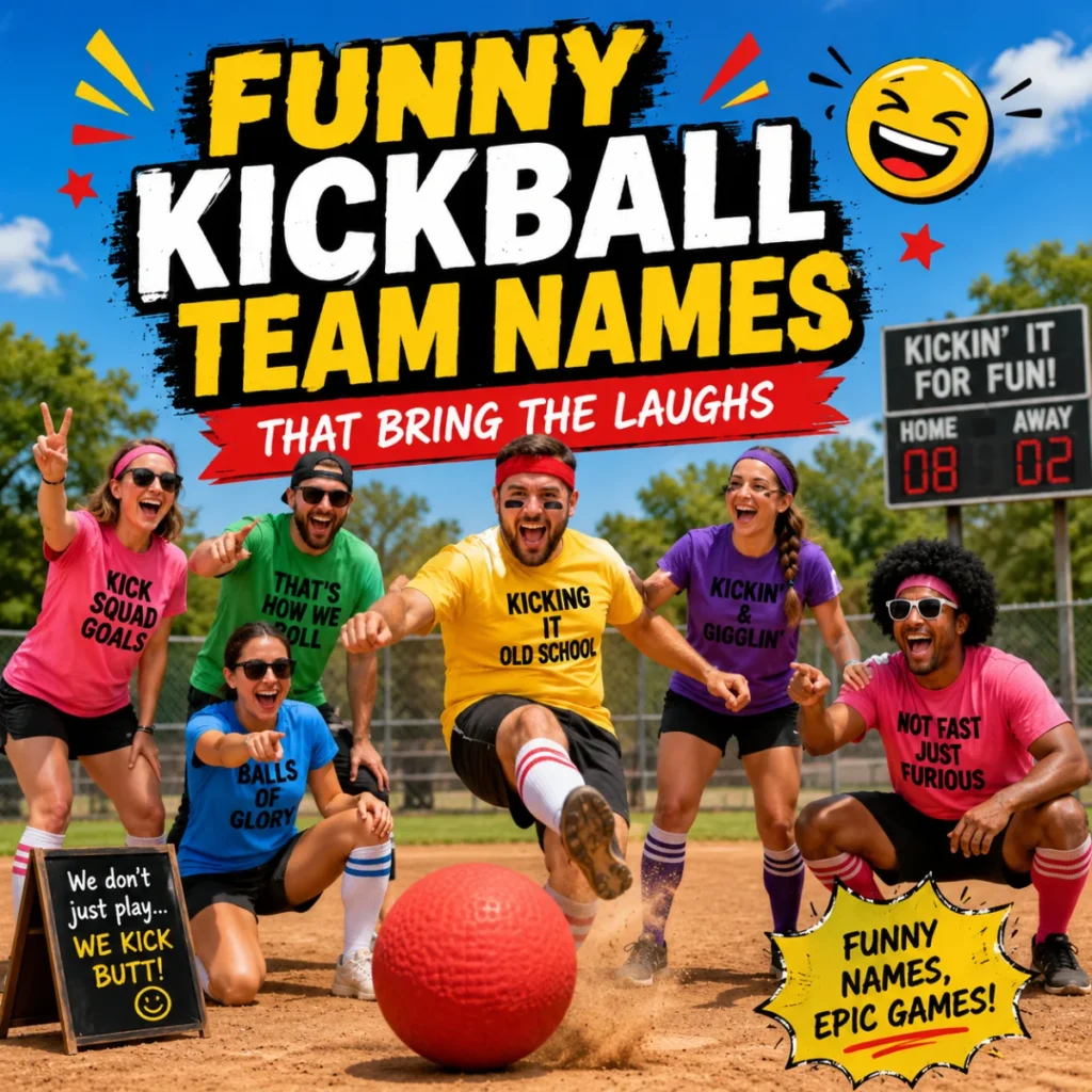 Funny kickball team names with players laughing and kicking a red ball during a fun outdoor game