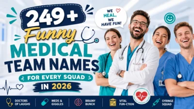 Funny medical team names 2026 featured image with smiling doctors and nurses in a modern hospital team setting