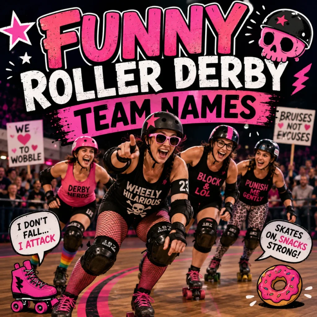 Funny roller derby team names with smiling skaters in pink gear racing on an indoor rink with playful graphics