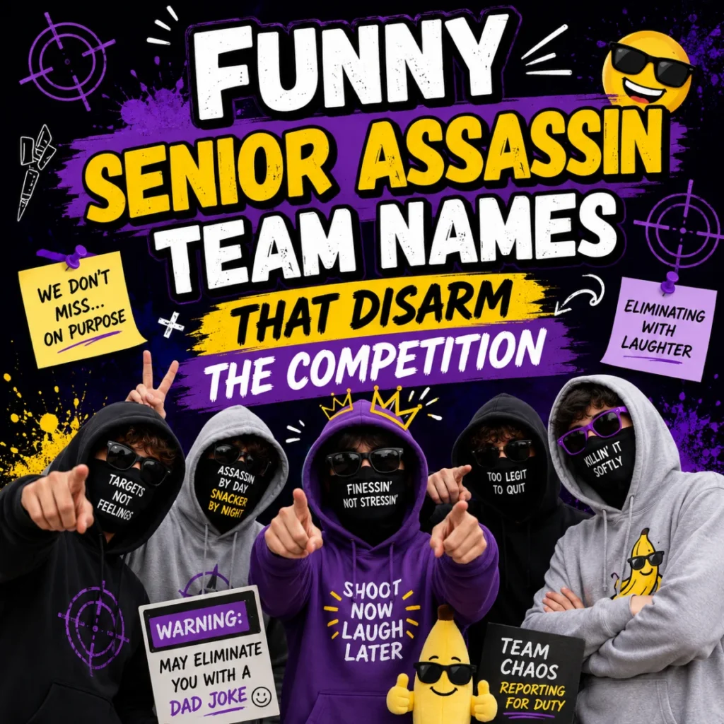 Funny Senior Assassin team names graphic with playful masked teammates and humorous competition-themed design