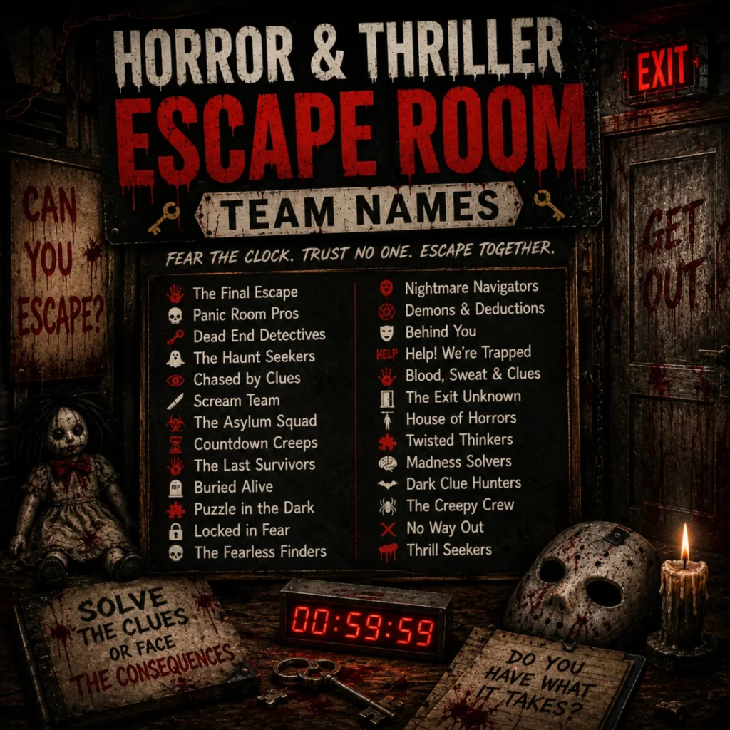 Horror and Thriller Escape Room Team Names with spooky clues, haunted props, masks, and creepy escape room theme