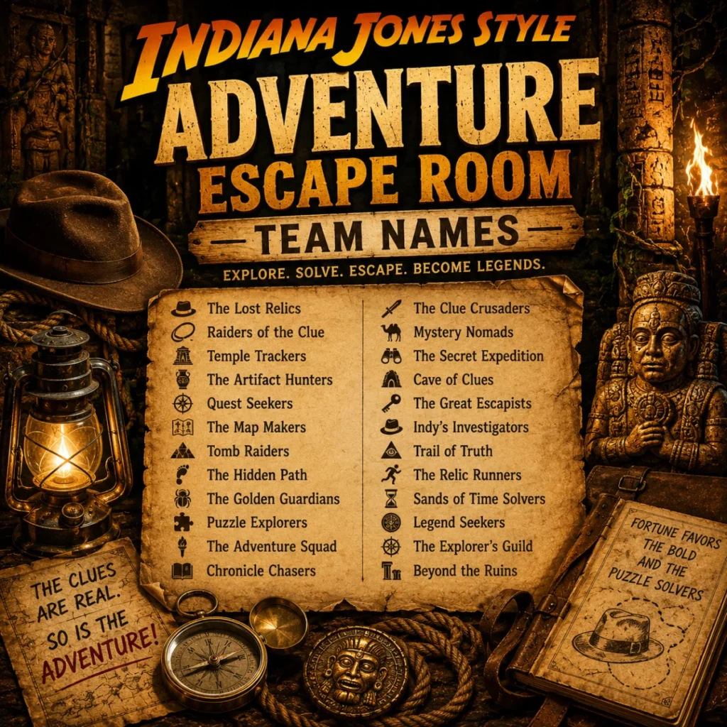 Indiana Jones style adventure escape room team names with treasure maps, relics, lanterns, and ancient temple puzzles