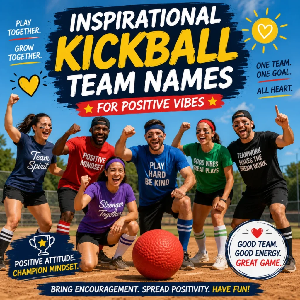 Inspirational kickball team names with a positive team celebrating on the field around a red kickball