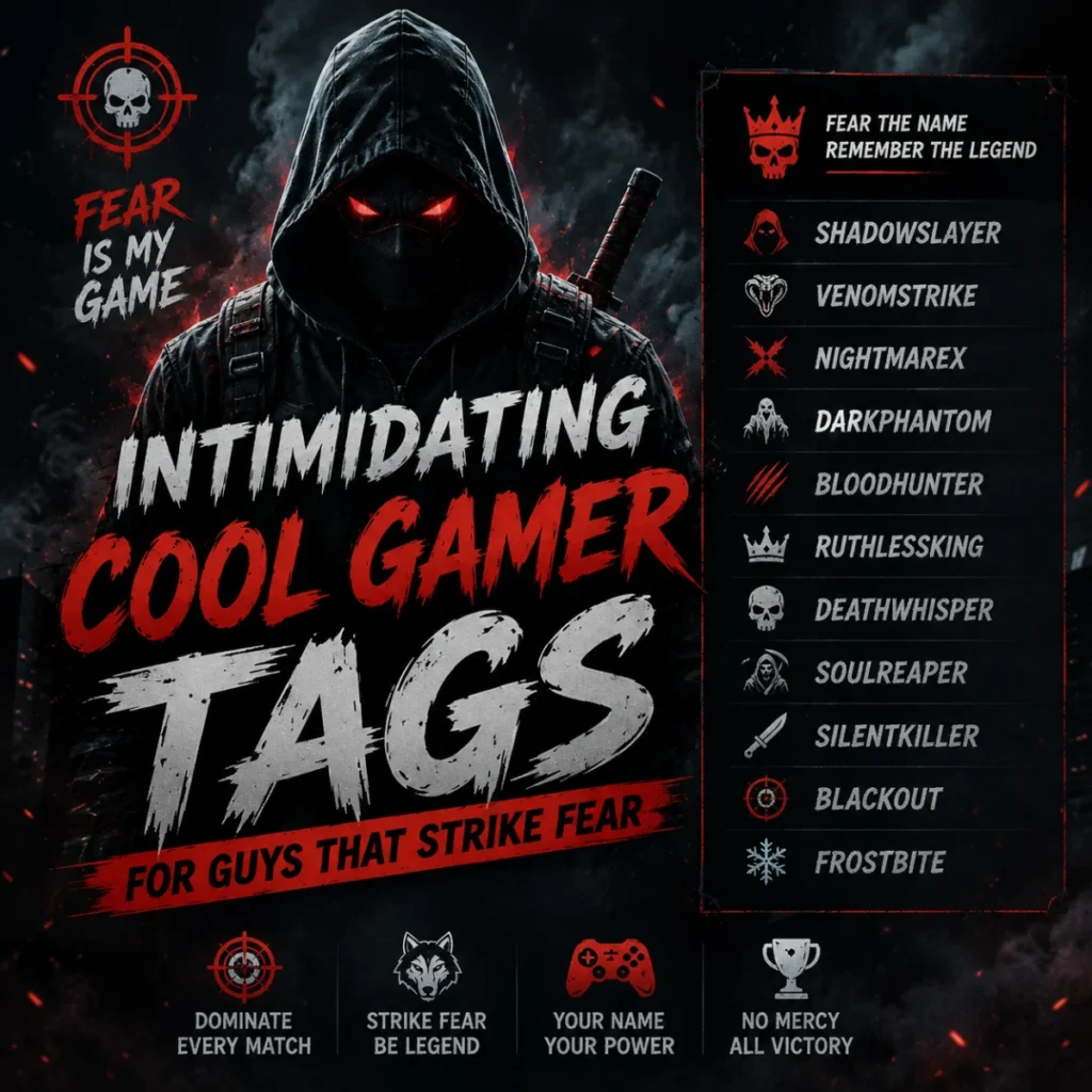 Intimidating cool gamer tags for guys with a dark hooded gamer and fierce gaming theme designed to inspire powerful usernames