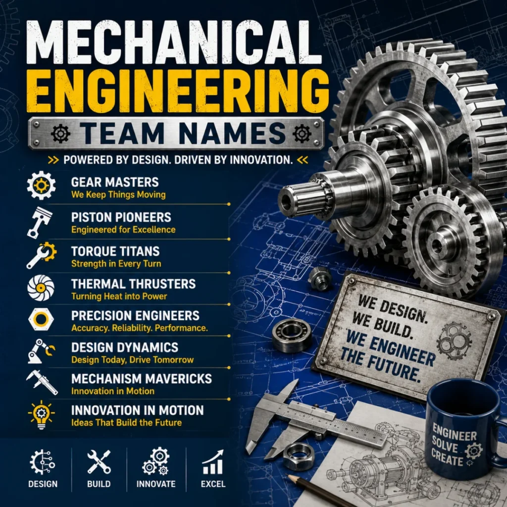 Mechanical engineering team names with gears, blueprints, and creative ideas for engineering groups and workplace teams.