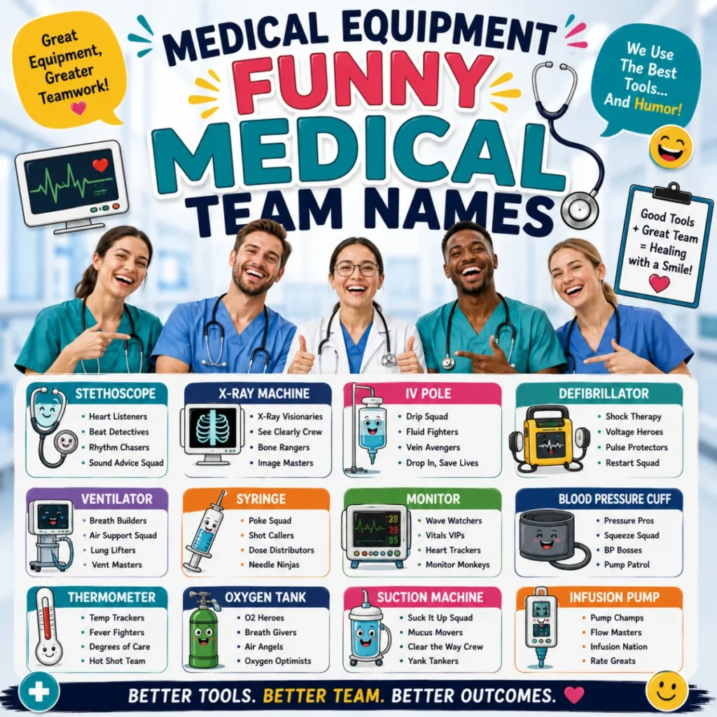 Medical equipment funny medical team names with smiling doctors, nurses, and healthcare tools in a colorful design