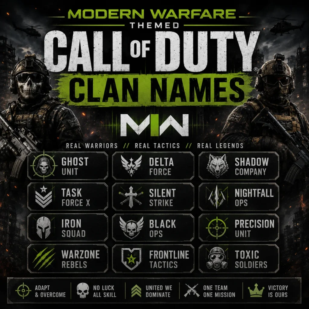 Modern Warfare themed Call of Duty clan names with elite soldiers and tactical battlefield-inspired gaming artwork