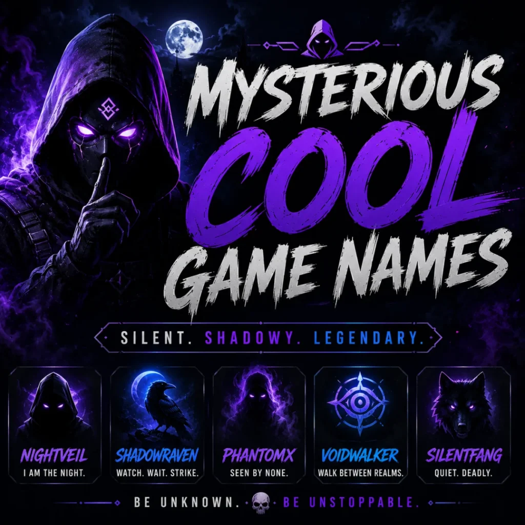 Mysterious cool game names with dark hooded gamer, glowing purple effects, and cyberpunk-inspired gaming artwork