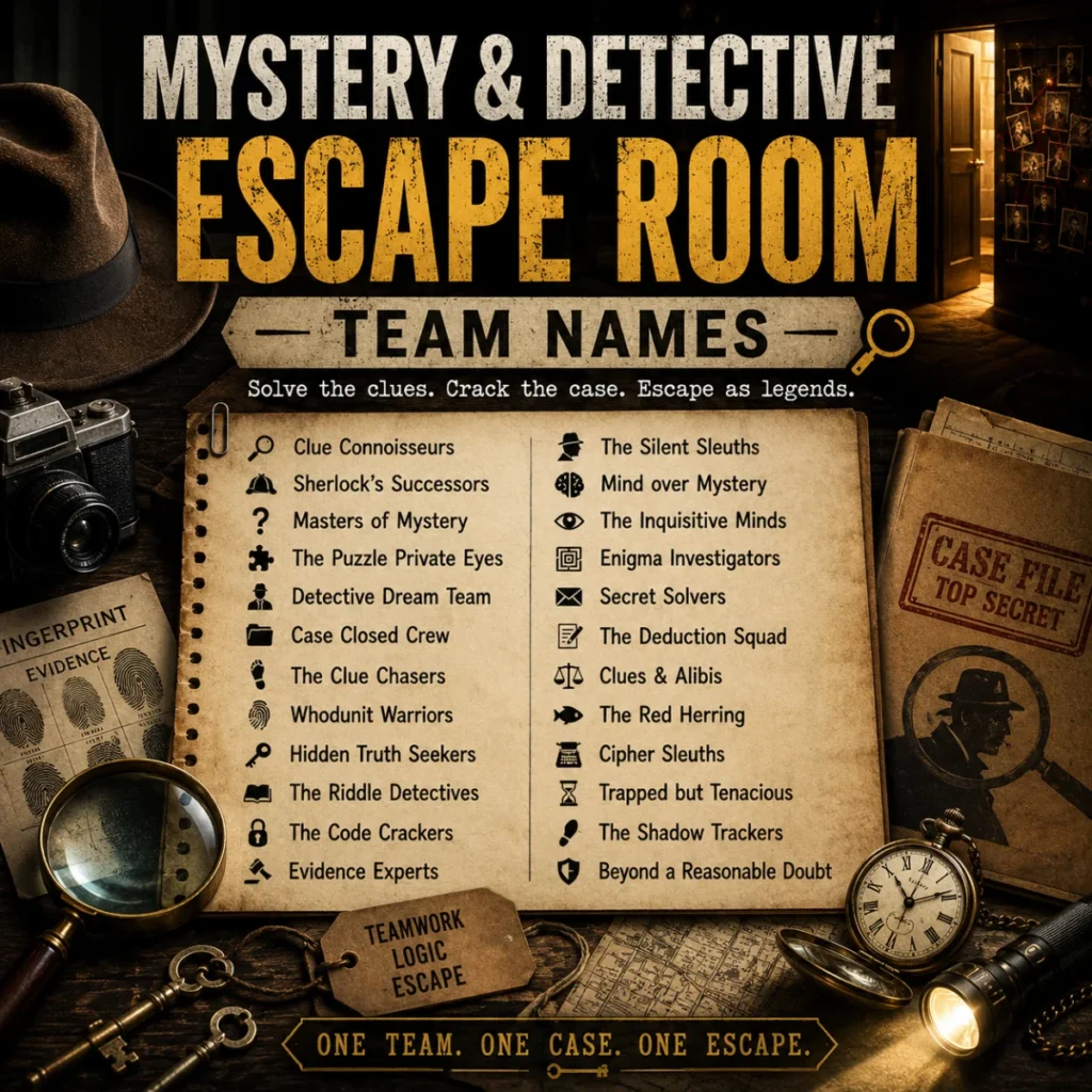 Mystery and Detective Escape Room Team Names with magnifying glass, clues, case files, and detective-themed escape puzzles