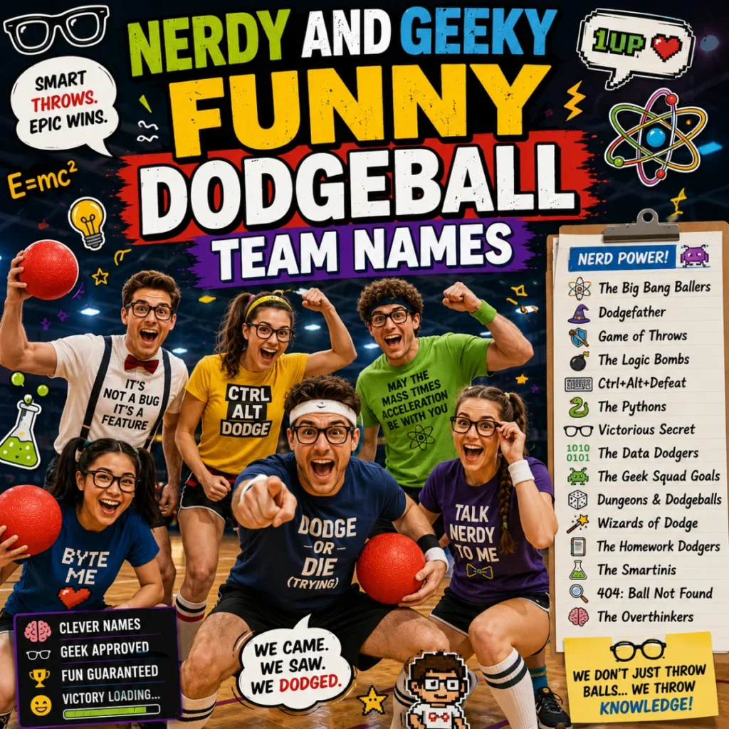 Nerdy and geeky funny dodgeball team names with energetic players, red dodgeballs, and science-themed graphics.