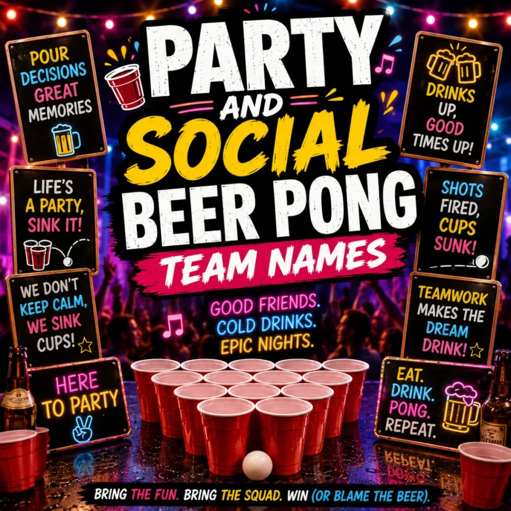 Party and social beer pong team names image with red cups, neon lights, party signs, and a lively game night atmosphere.