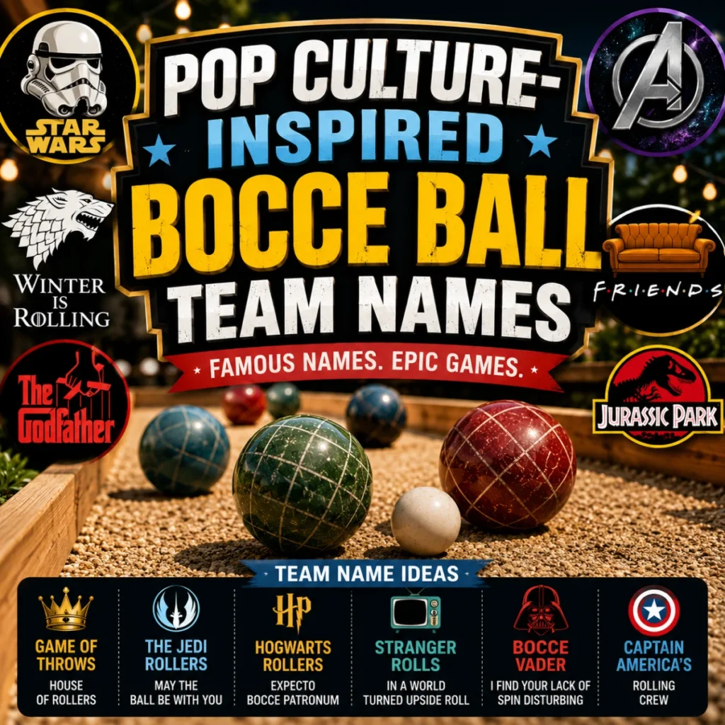 Pop culture-inspired bocce ball team names with colorful bocce balls and entertainment-themed graphics