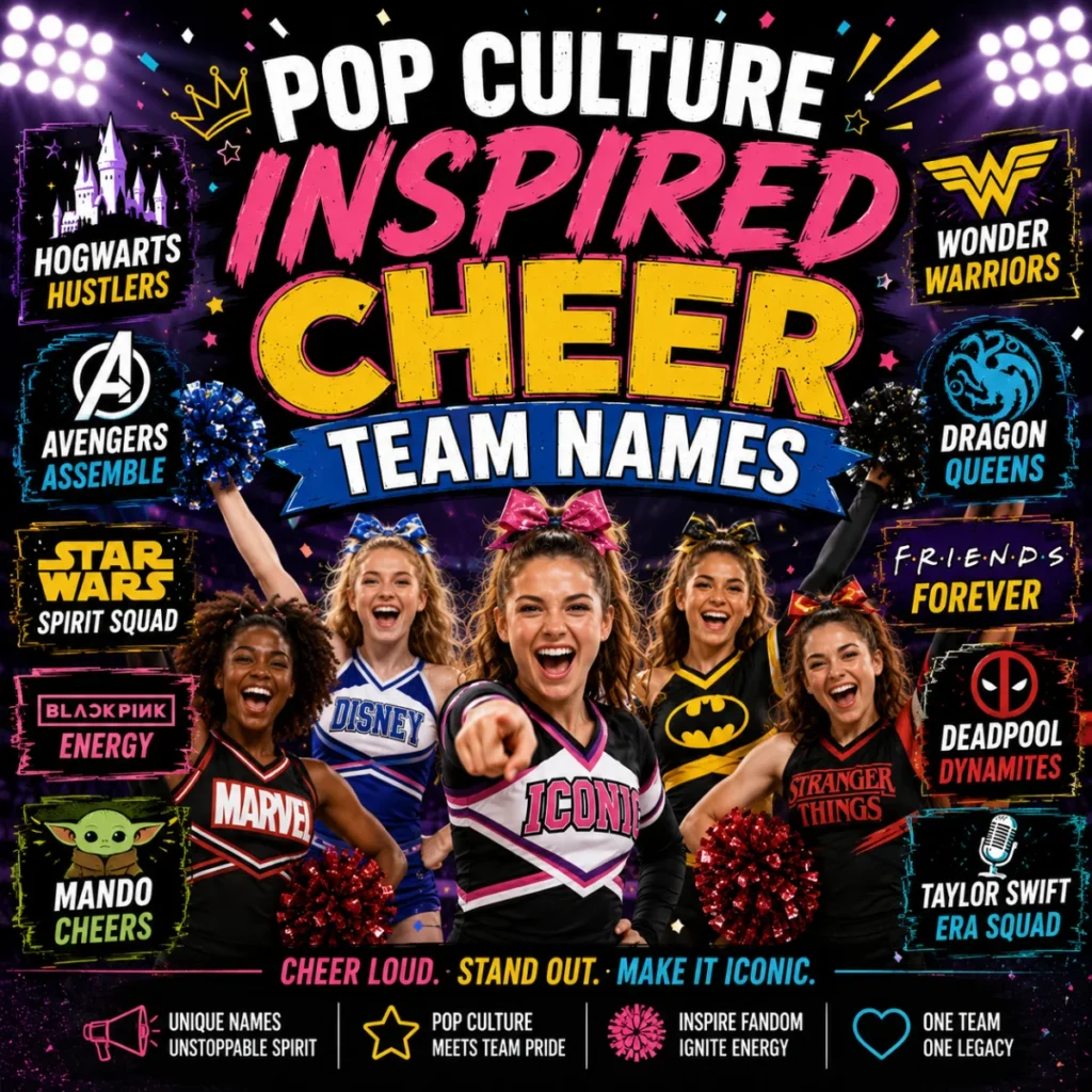 Pop culture inspired cheer team names image with cheerleaders, colorful graphics, stadium lights, and entertainment-themed icons.