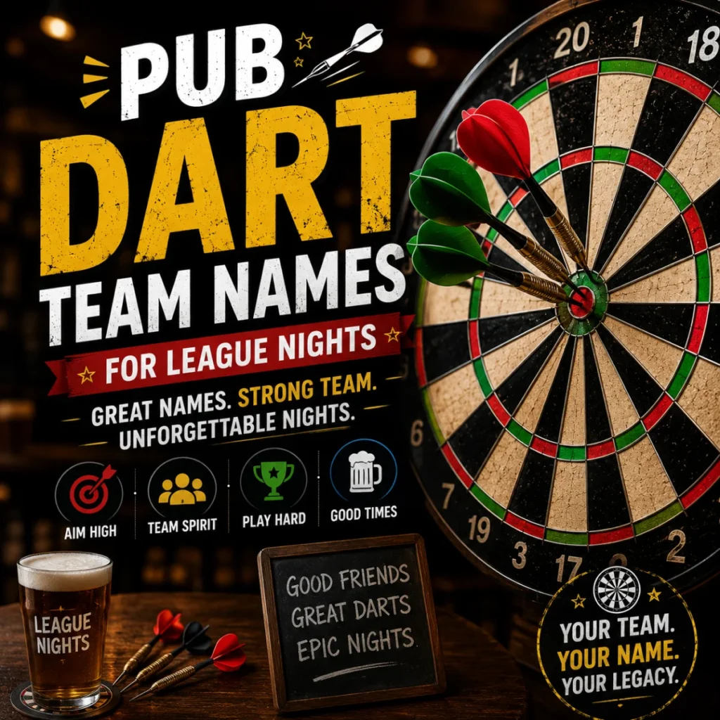 Pub Dart Team Names for League Nights featuring a dartboard, bullseye darts, and a pub atmosphere