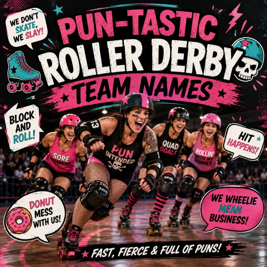 Pun-tastic roller derby team names with energetic skaters, comic-style graphics, and playful wordplay on an indoor rink